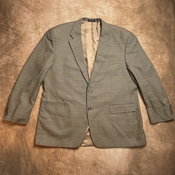 Lauren Ralph Lauren Checkered Blazer Suit Jacket Brown Silk Wool Mens 48R Formal - Picture 1 of 9